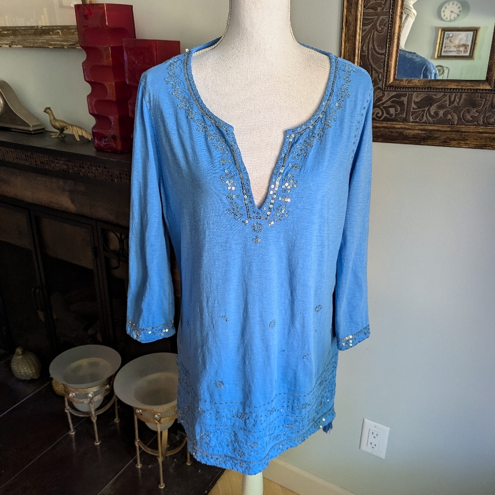 Soft Surroundings Womens M Kerala Blue Top Tunic Tassels Sequin Embellished 95